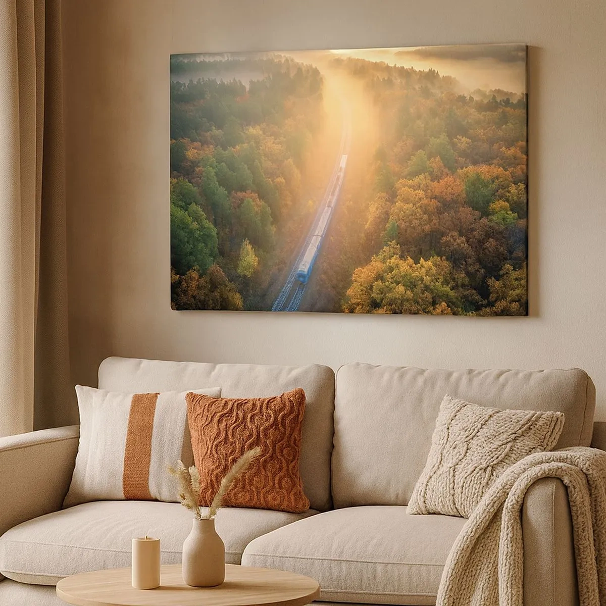 Cuadro sobre lienzo - Impresión de Imagen - Un tren en un bosque otoñal al amanecer. - 70x50cm - Un viaje otoñal - Decoración de pared moderna para salón y dormitorio ARTTOR