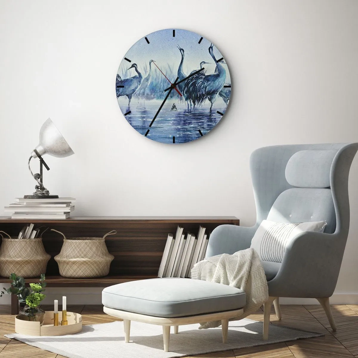 Reloj de pared - Reloj de vidrio - Pintura de acuarela de aves zancudas - 30x30cm - Reunión matinal - Decoración de pared moderna para salón, cocina y dormitorio ARTTOR