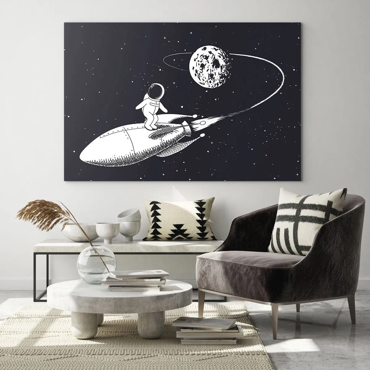 Cuadro sobre vidrio - Impresiones sobre Vidrio - Astronauta de dibujos animados surfeando en el espacio en un cohete - 70x50cm - Surfista espacial - Decoración de pared moderna para salón y dormitorio ARTTOR