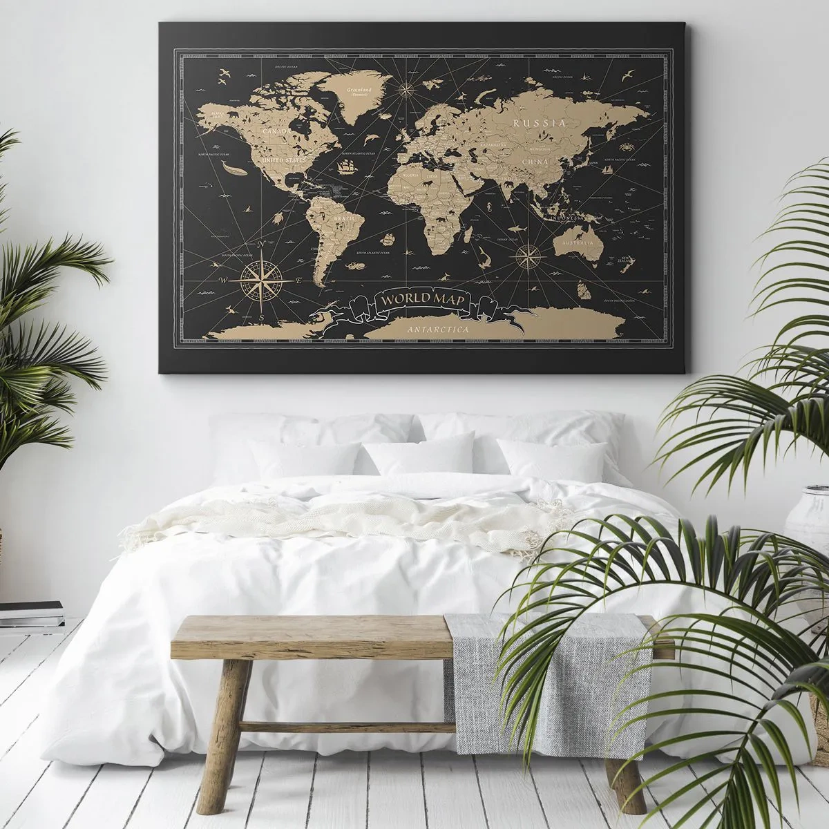 Cuadro sobre lienzo - Impresión de Imagen - Un mapa del mundo estilizado sobre un fondo negro con acentos beige. - 70x50cm - Las fronteras de mi mundo - Decoración de pared moderna para salón y dormitorio ARTTOR