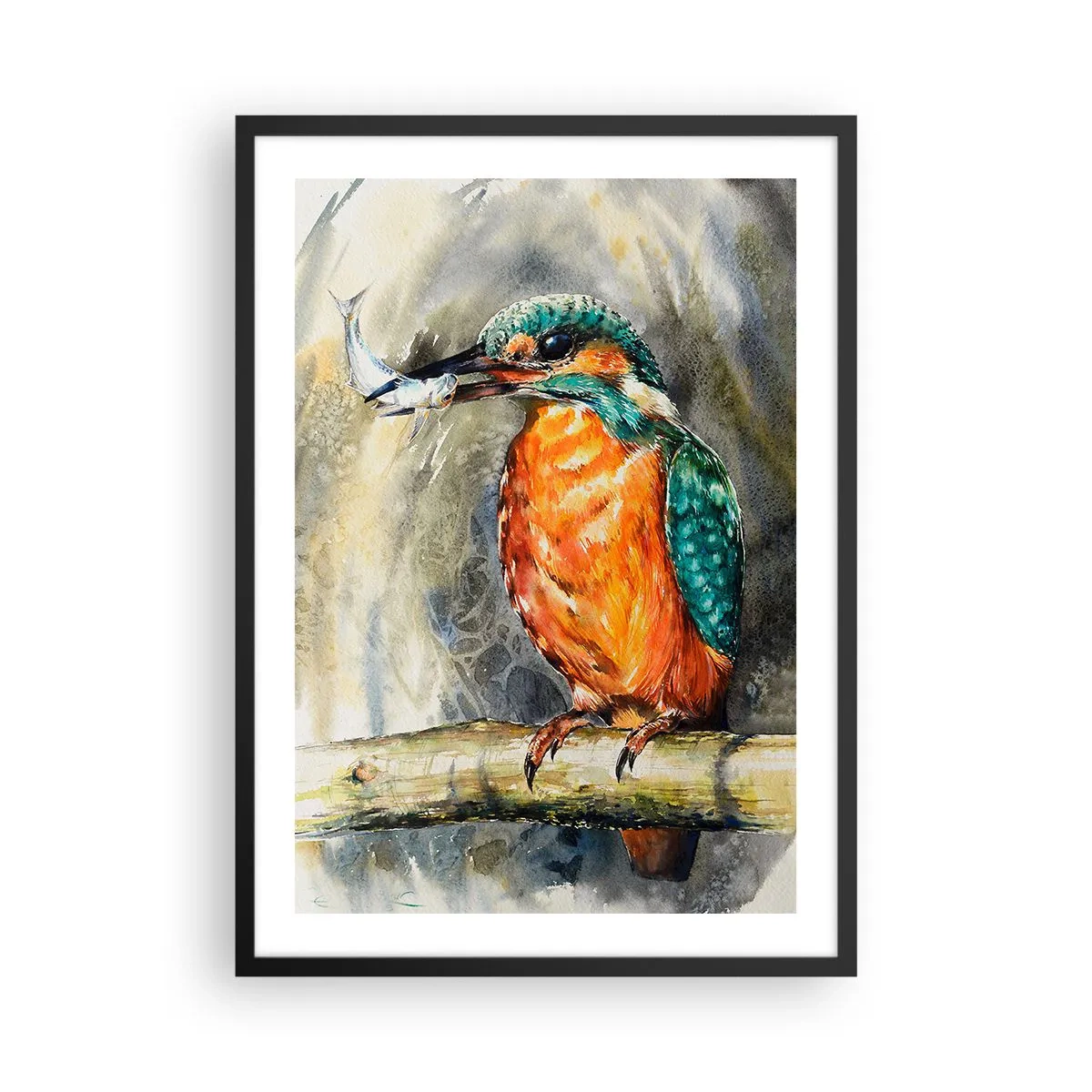 Póster en marco negro - Un león acuático sosteniendo un pez frente a un paisaje natural en estilo acuarela. - 50x70cm - La ley de la naturaleza - Decoración de pared moderna para salón y dormitorio ARTTOR