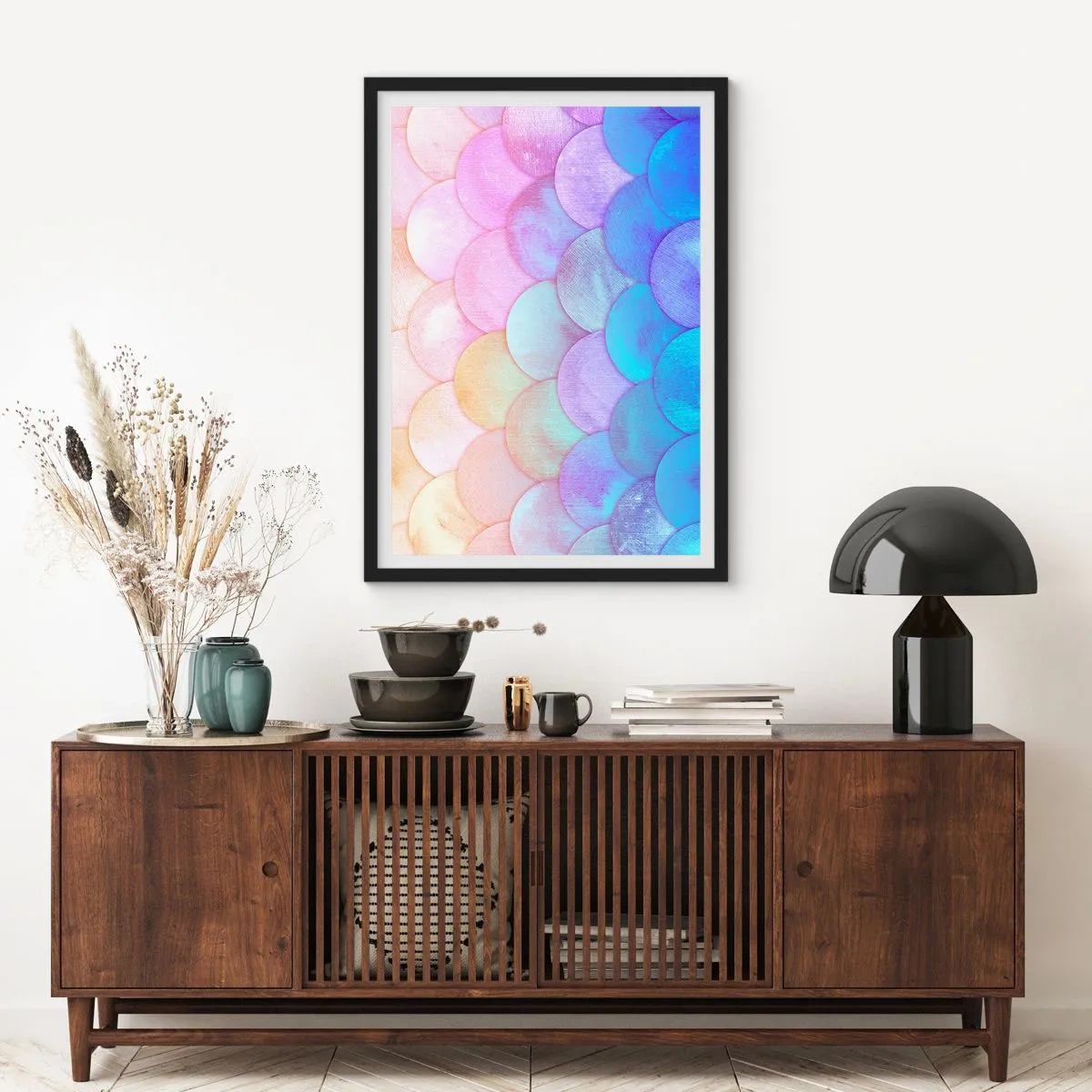 Póster en marco negro - Una composición pastel que se asemeja a escamas en tonos arcoíris. - 50x70cm - Concha de perla - Decoración de pared moderna para salón y dormitorio ARTTOR