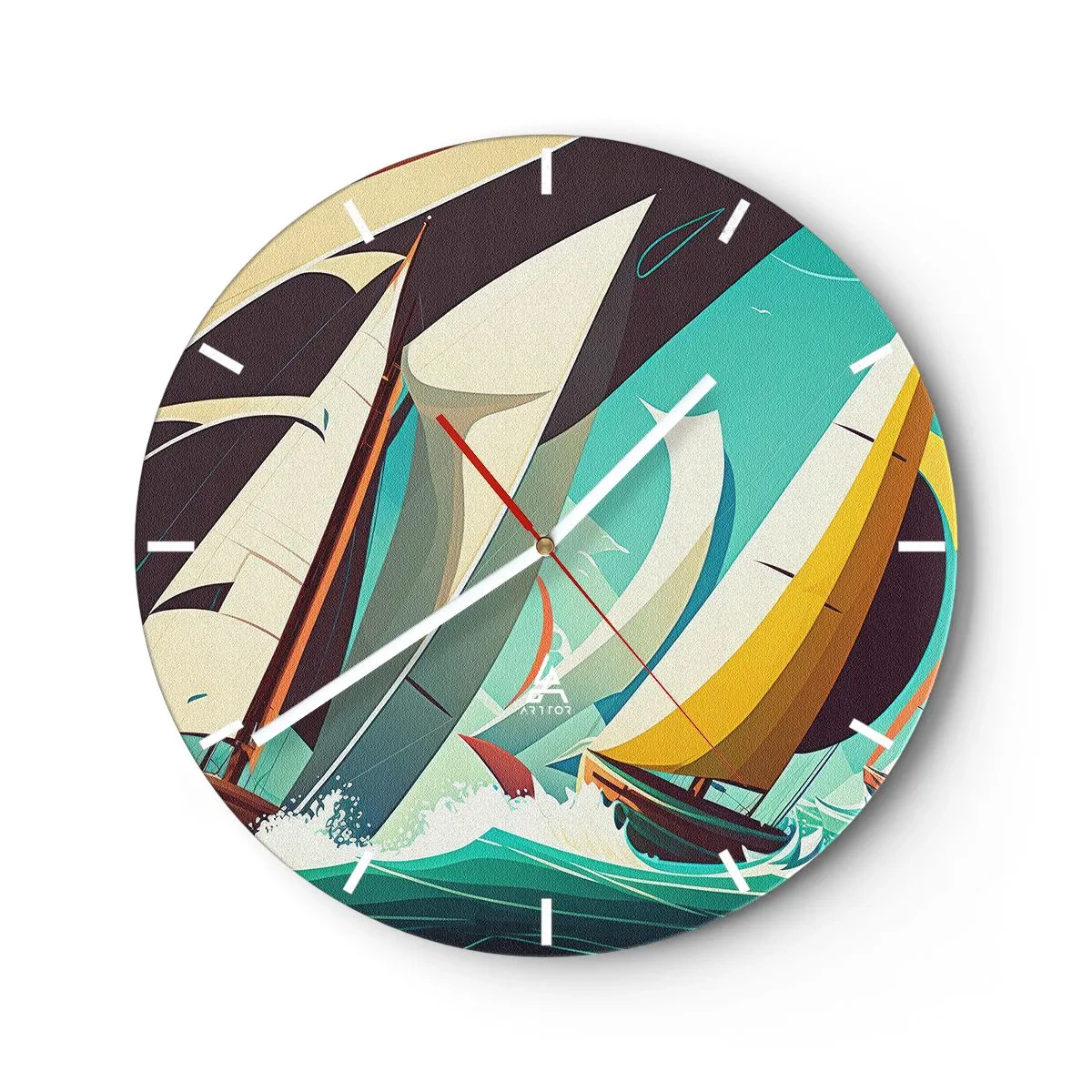 Reloj de pared - Reloj de vidrio - Veleros de estilo gráfico en un mar turquesa tormentoso - 30x30cm - Afrontar los elementos - Decoración de pared moderna para salón, cocina y dormitorio ARTTOR