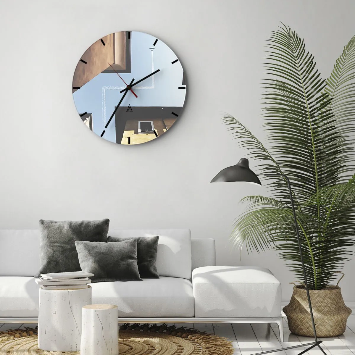 Reloj de pared - Reloj de vidrio - Vista desde el patio de un cielo azul con un avión. - 30x30cm - Por encima del laberinto urbano - Decoración de pared moderna para salón, cocina y dormitorio ARTTOR