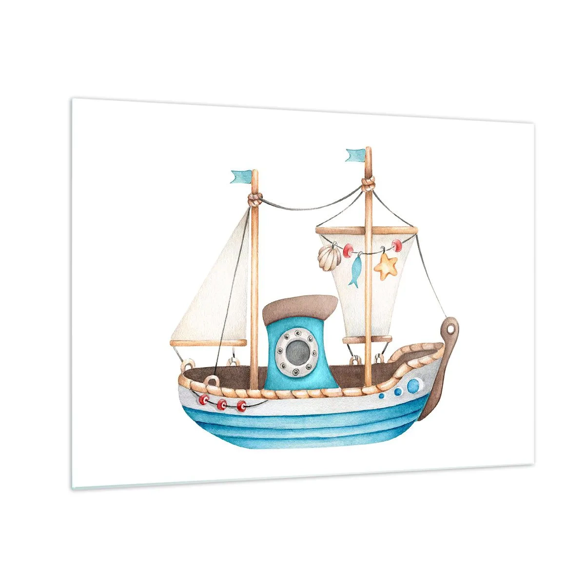 Cuadro sobre vidrio - Impresiones sobre Vidrio - Ilustración de un barco infantil sobre un fondo blanco. - 70x50cm - A la aventura - Decoración de pared moderna para salón y dormitorio ARTTOR