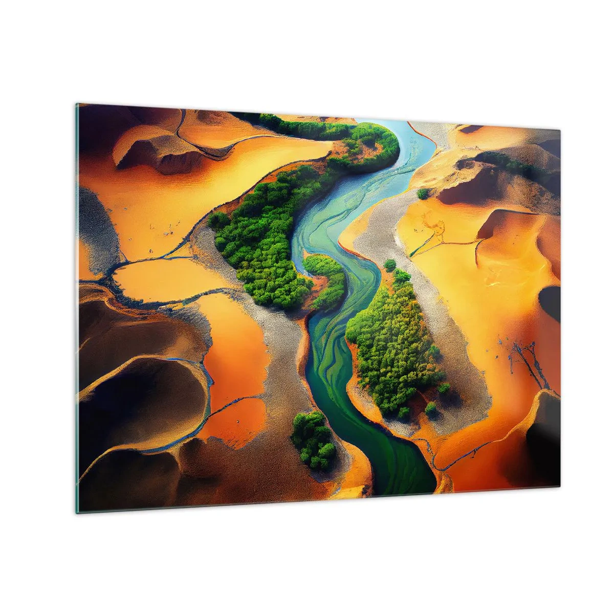 Cuadro sobre vidrio - Impresiones sobre Vidrio - Oasis verdes y un río entre dunas anaranjadas - 70x50cm - Río que da vida - Decoración de pared moderna para salón y dormitorio ARTTOR