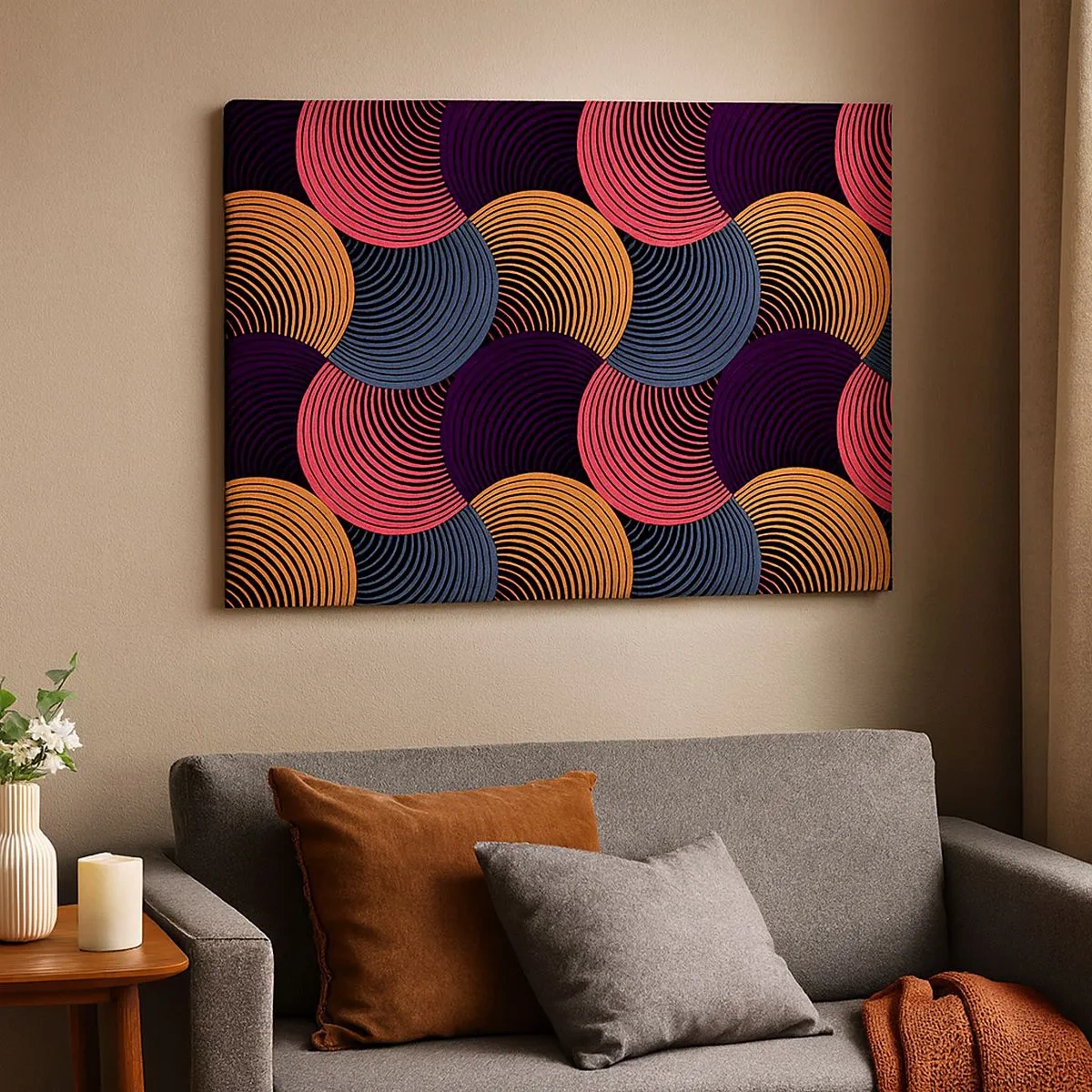 Cuadro sobre lienzo - Impresión de Imagen - Círculos geométricos en tonos rosa, morado y dorado. - 70x50cm - En un ritmo circular - Decoración de pared moderna para salón y dormitorio ARTTOR
