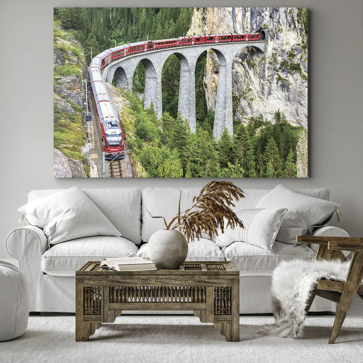 Cuadro sobre lienzo - Impresión de Imagen - Un tren en un pintoresco viaducto en un paisaje montañoso. - 70x50cm - Atravesando las montañas - Decoración de pared moderna para salón y dormitorio ARTTOR