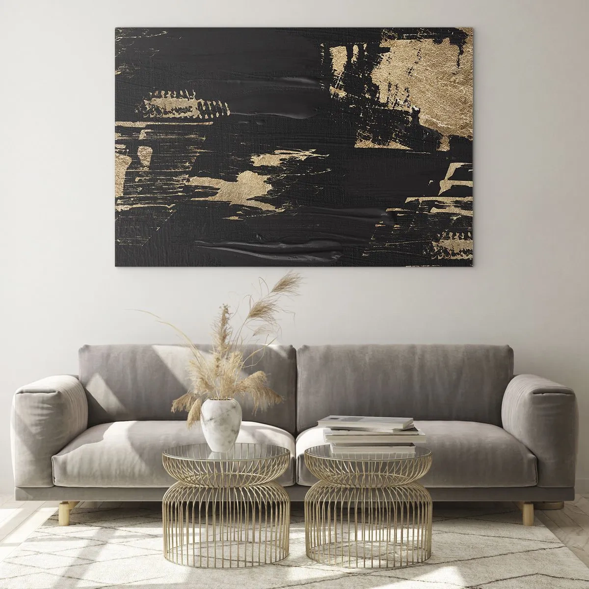 Cuadro sobre vidrio - Impresiones sobre Vidrio - Abstracción negra y dorada con una textura similar a una pincelada. - 70x50cm - Un rastro de tacto - Decoración de pared moderna para salón y dormitorio ARTTOR