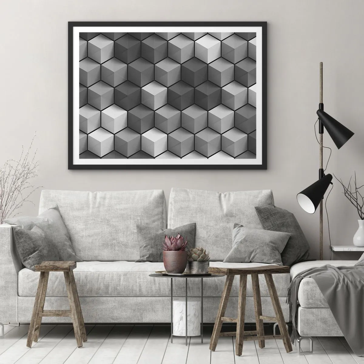 Póster en marco negro - Composición geométrica de cubos en tonos grises y negros. - 70x50cm - Rompecabezas cubista - Decoración de pared moderna para salón y dormitorio ARTTOR