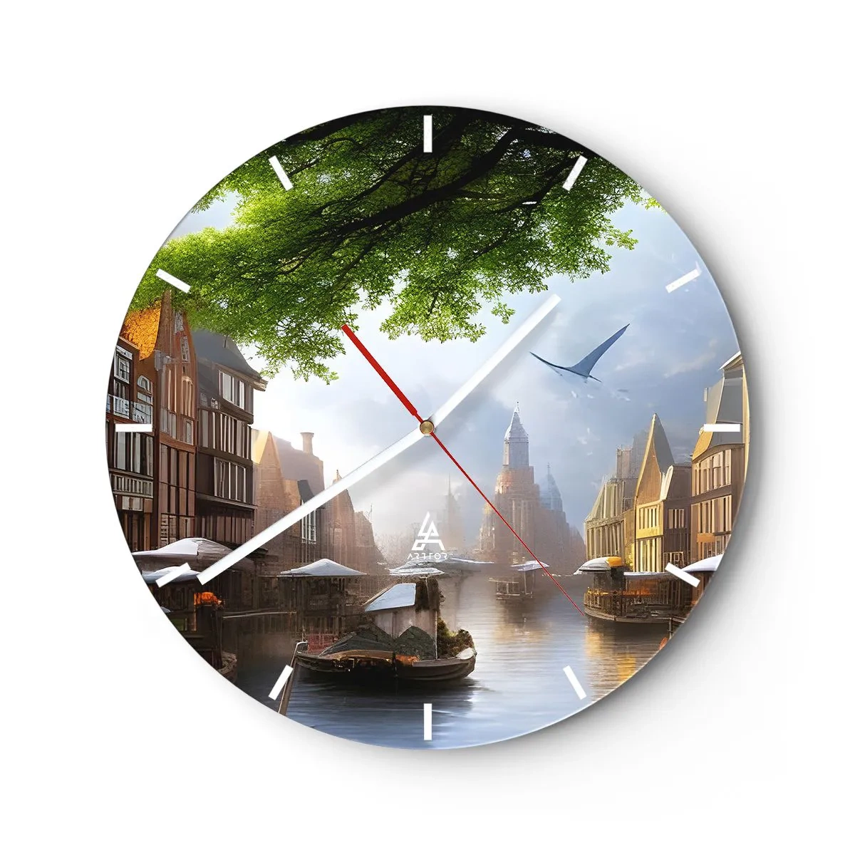 Reloj de pared - Reloj de vidrio - Canal de agua con barcos y casas de vecindad históricas - 30x30cm - Paisaje urbano holandés - Decoración de pared moderna para salón, cocina y dormitorio ARTTOR