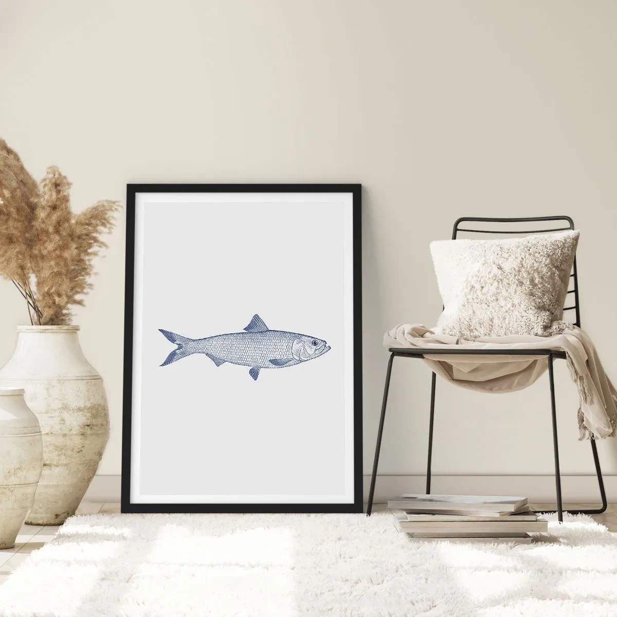 Póster en marco negro - Ilustración minimalista de pez vintage - 50x70cm - Saludos desde los mares del norte - Decoración de pared moderna para salón y dormitorio ARTTOR