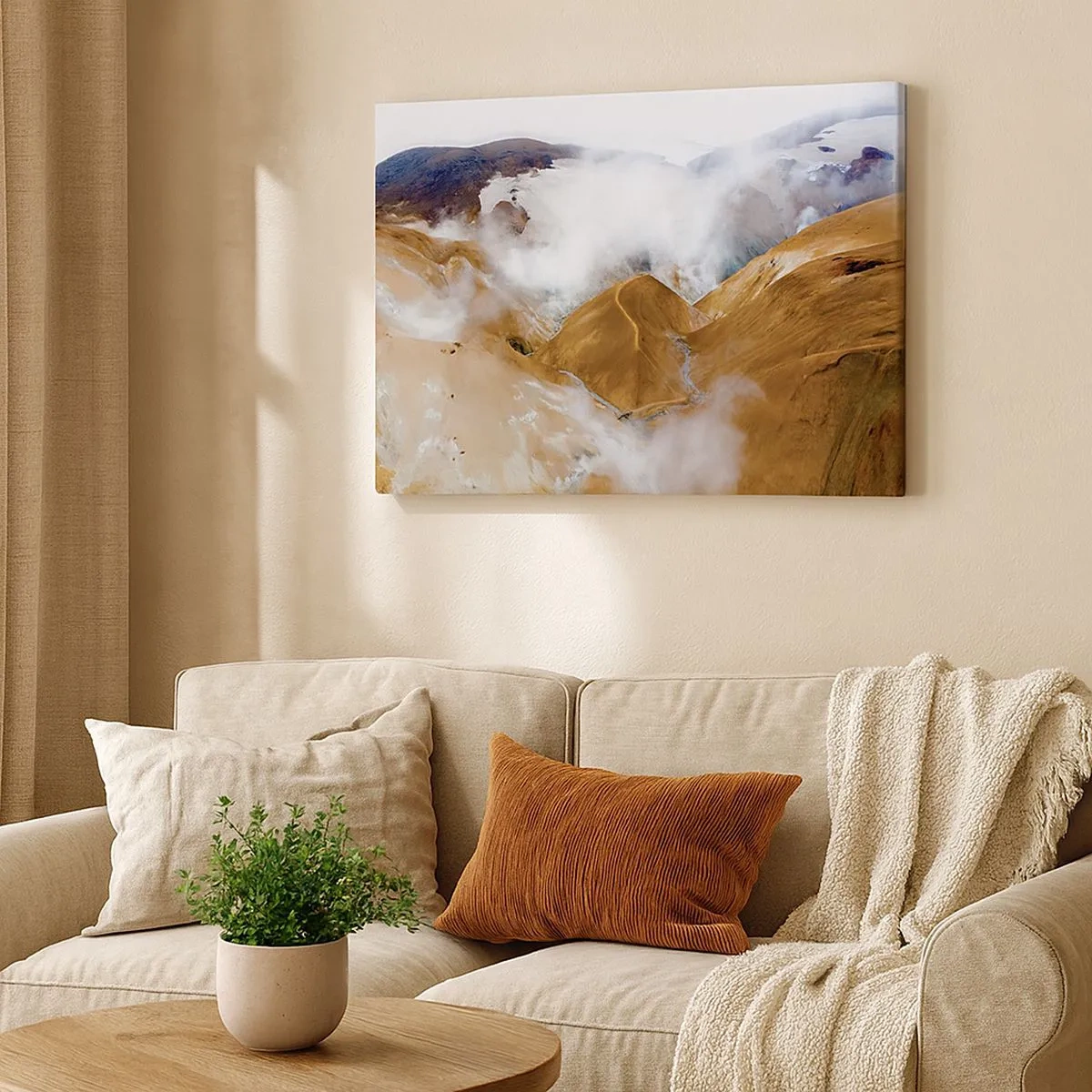 Cuadro sobre lienzo - Impresión de Imagen - Un paisaje de montaña con vapor en un clima duro. - 70x50cm - La dura belleza de Islandia - Decoración de pared moderna para salón y dormitorio ARTTOR