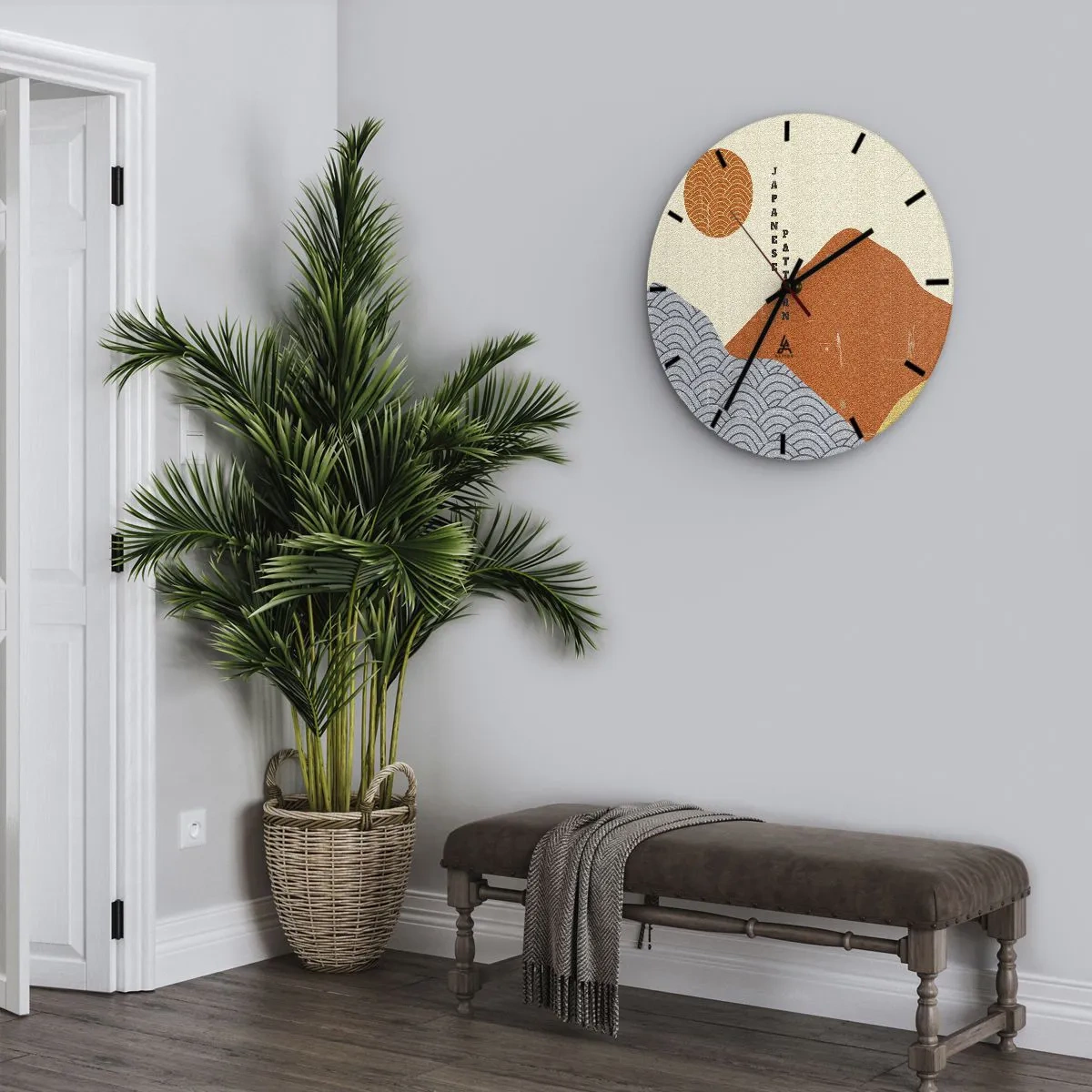 Reloj de pared - Reloj de vidrio - Patrones gráficos japoneses con montañas, sol y olas. - 30x30cm - En el espíritu japonés - Decoración de pared moderna para salón, cocina y dormitorio ARTTOR