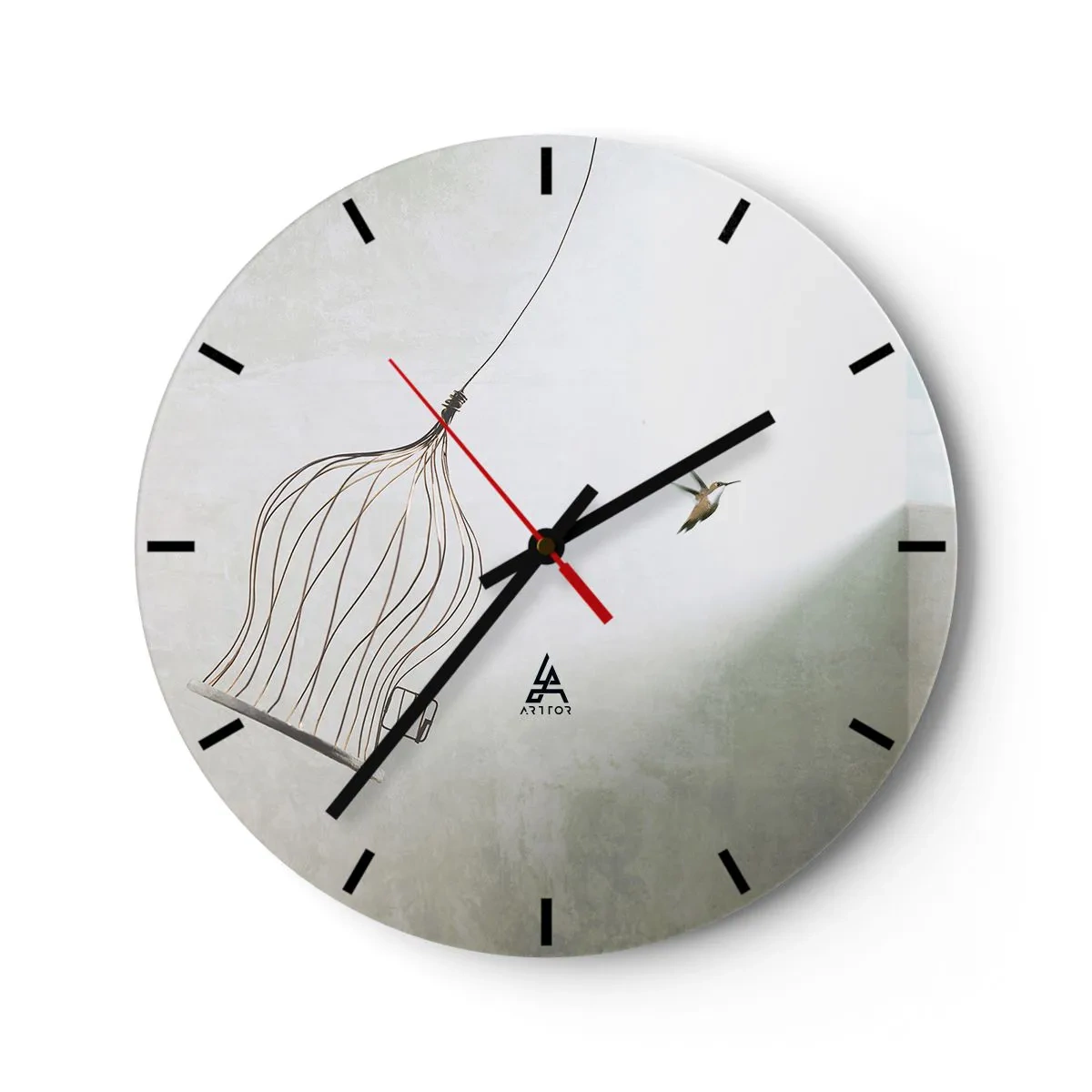 Reloj de pared - Reloj de vidrio - Un pájaro saliendo de su jaula contra un fondo claro. - 30x30cm - Aquí debo estar - Decoración de pared moderna para salón, cocina y dormitorio ARTTOR