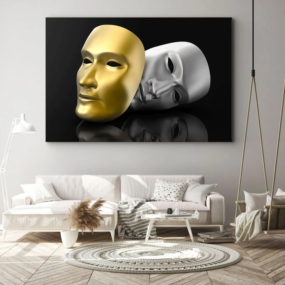 Cuadro sobre lienzo - Impresión de Imagen - Máscara de oro y plata sobre fondo negro. - 70x50cm - La vida es un teatro - Decoración de pared moderna para salón y dormitorio ARTTOR