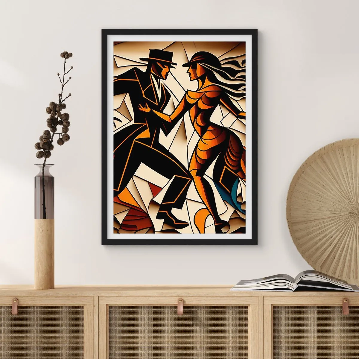Póster en marco negro - Una pareja dinámica bailando tango en estilo cubista. - 50x70cm - Danza de pasión - Decoración de pared moderna para salón y dormitorio ARTTOR
