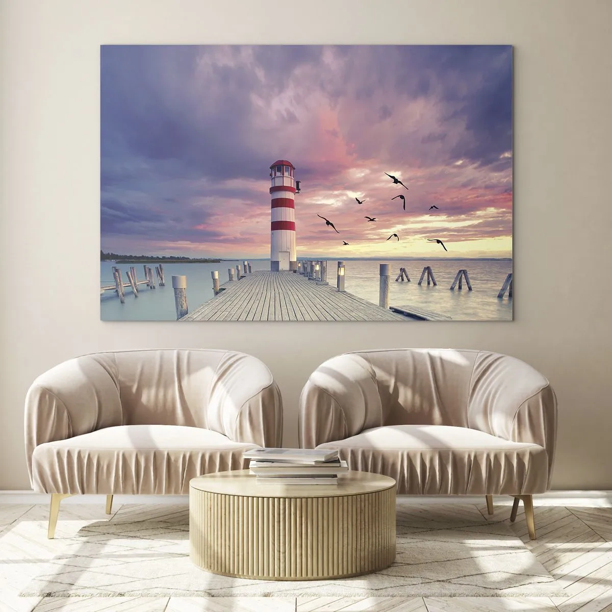 Cuadro sobre vidrio - Impresiones sobre Vidrio - Faro en el muelle al atardecer con pájaros volando - 70x50cm - Hora de ir al puerto - Decoración de pared moderna para salón y dormitorio ARTTOR