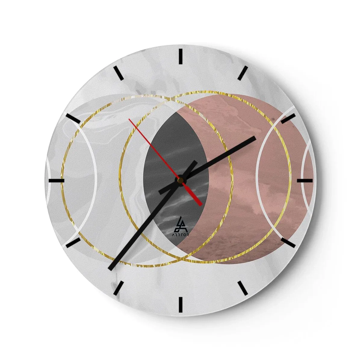Reloj de pared - Reloj de vidrio - Círculos geométricos en tonos grises y cobre con acentos dorados. - 30x30cm - Música de las esferas - Decoración de pared moderna para salón, cocina y dormitorio ARTTOR