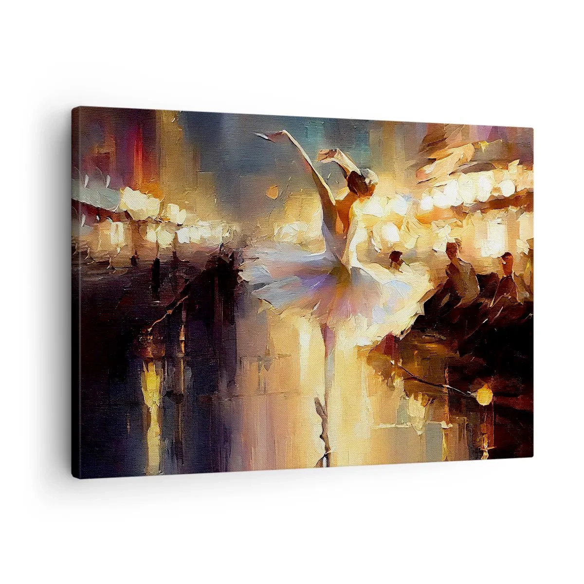 Cuadro sobre lienzo - Impresión de Imagen - Una bailarina bailando frente a un escenario iluminado. - 70x50cm - Un milagro en la calle - Decoración de pared moderna para salón y dormitorio ARTTOR