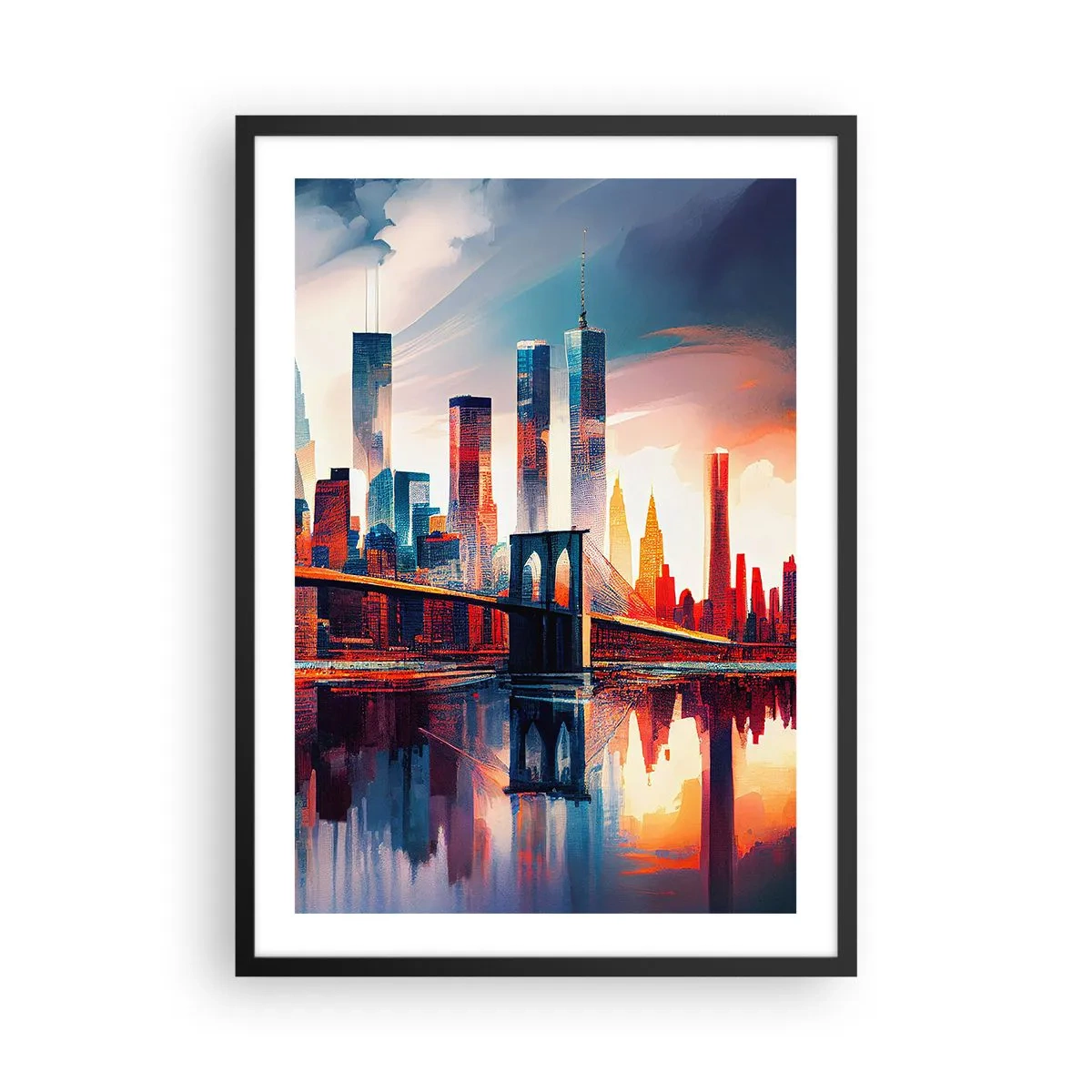 Póster en marco negro - Panorama de la ciudad con un puente y reflejo en el agua. - 50x70cm - Nueva York siempre luce - Decoración de pared moderna para salón y dormitorio ARTTOR