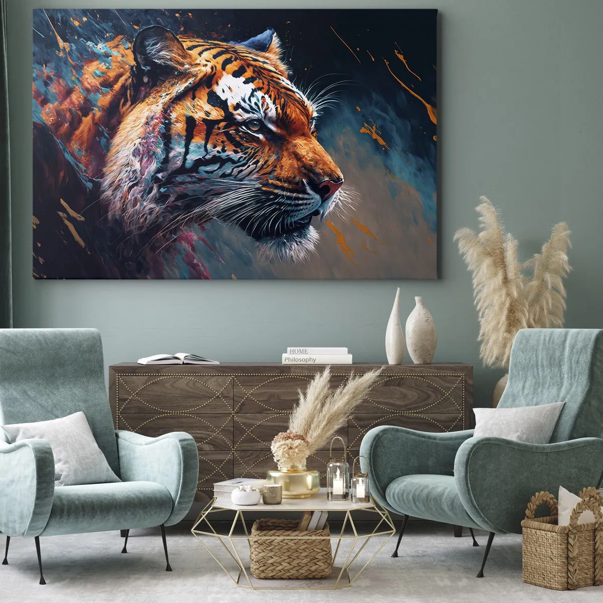 Cuadro sobre lienzo - Impresión de Imagen - Retrato de un tigre en colores dinámicos y abstractos. - 70x50cm - Belleza salvaje - Decoración de pared moderna para salón y dormitorio ARTTOR