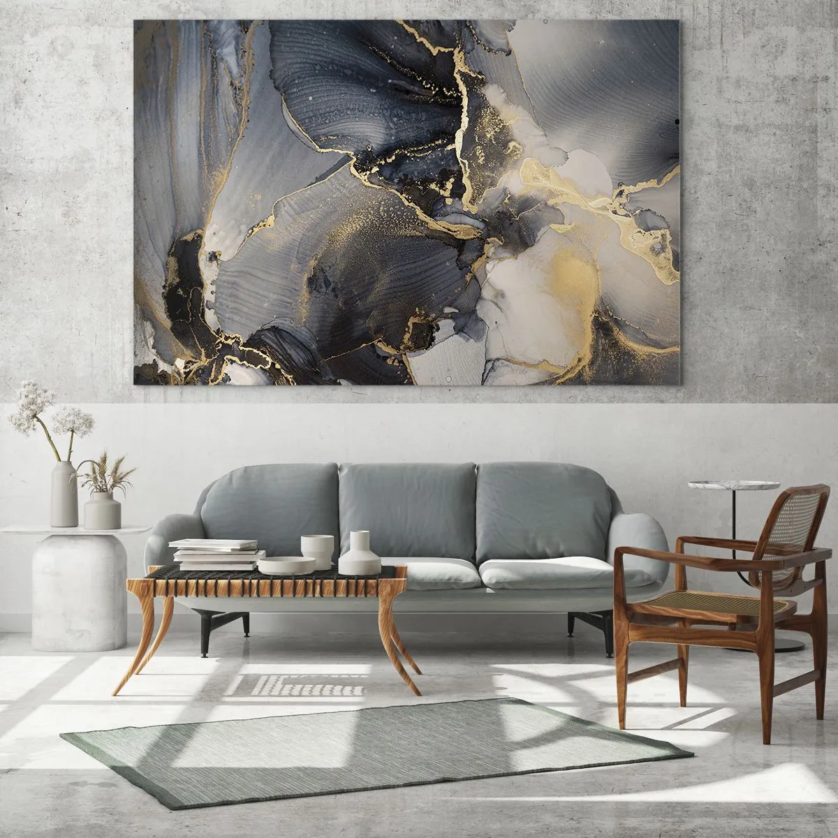 Cuadro sobre vidrio - Impresiones sobre Vidrio - Abstracción oscura con efecto mármol y vetas doradas. - 70x50cm - La vida de una piedra - Decoración de pared moderna para salón y dormitorio ARTTOR
