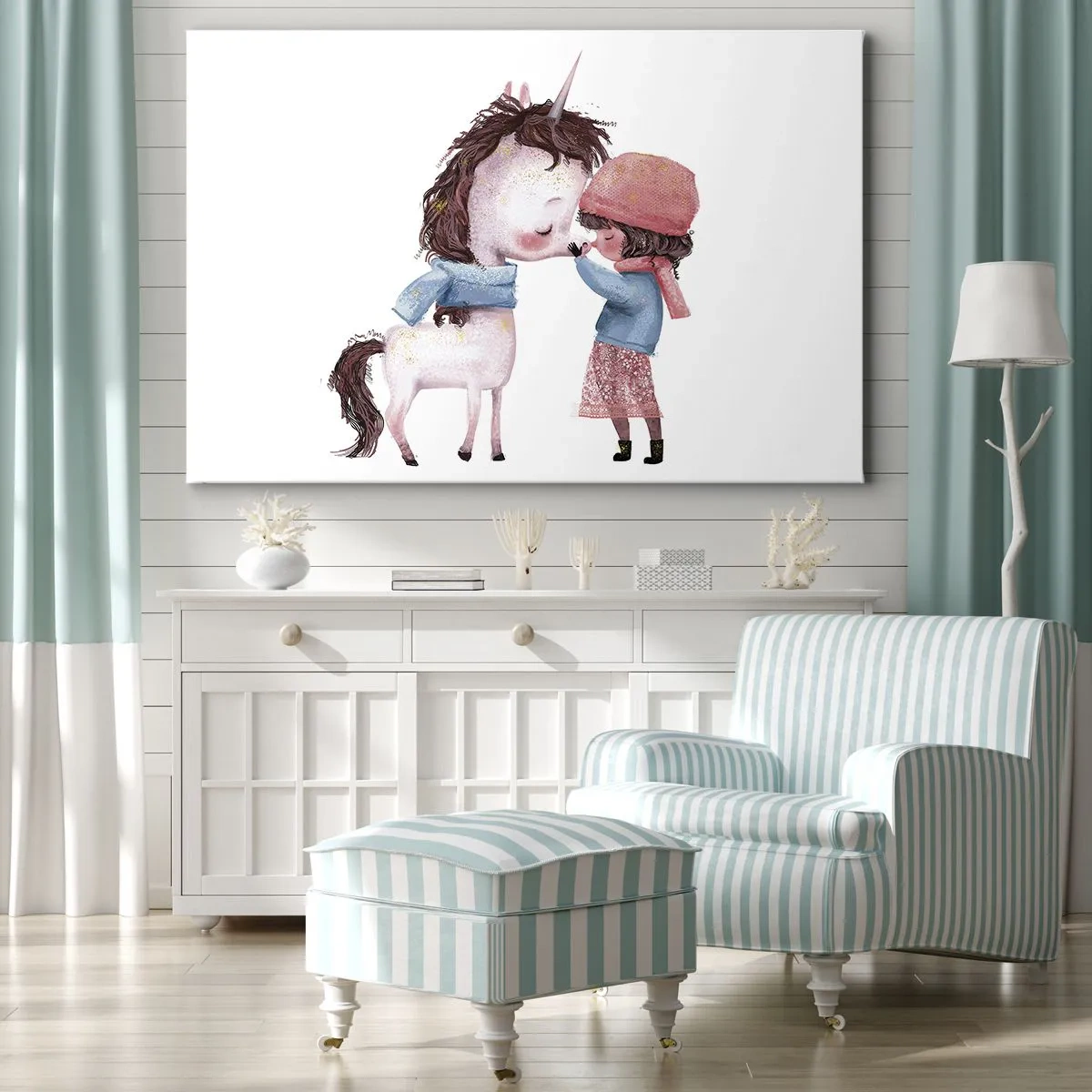 Cuadro sobre lienzo - Impresión de Imagen - Una niña y un unicornio en un paisaje invernal. - 70x50cm - Un cuento de invierno - Decoración de pared moderna para salón y dormitorio ARTTOR