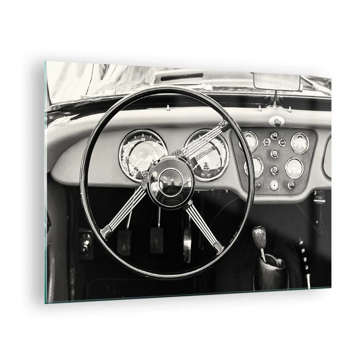Cuadro sobre vidrio - Impresiones sobre Vidrio - El volante y los relojes de un coche clásico en sepia - 70x50cm - El sueño de un coleccionista - Decoración de pared moderna para salón y dormitorio ARTTOR