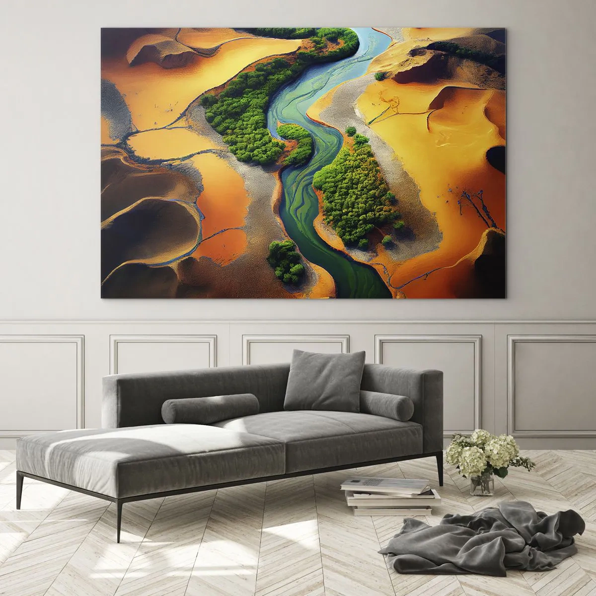 Cuadro sobre vidrio - Impresiones sobre Vidrio - Oasis verdes y un río entre dunas anaranjadas - 70x50cm - Río que da vida - Decoración de pared moderna para salón y dormitorio ARTTOR