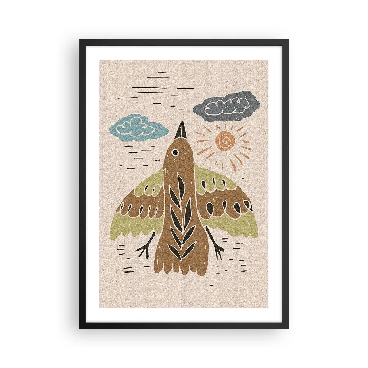 Póster en marco negro - Una colorida ilustración de un pájaro en vuelo, con nubes y el sol en el fondo. - 50x70cm - Vuelo alegre - Decoración de pared moderna para salón y dormitorio ARTTOR