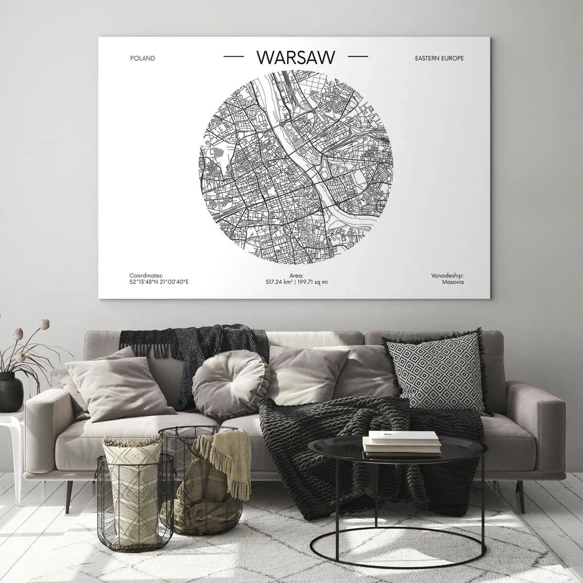 Cuadro sobre vidrio - Impresiones sobre Vidrio - Mapa de Varsovia en forma de ilustración gráfica - 70x50cm - Anatomía de Varsovia - Decoración de pared moderna para salón y dormitorio ARTTOR