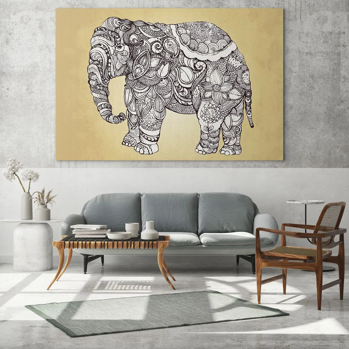Cuadro sobre vidrio - Impresiones sobre Vidrio - Elefante blanco y negro con patrones orientales sobre fondo beige. - 70x50cm - El elefante decorado - Decoración de pared moderna para salón y dormitorio ARTTOR