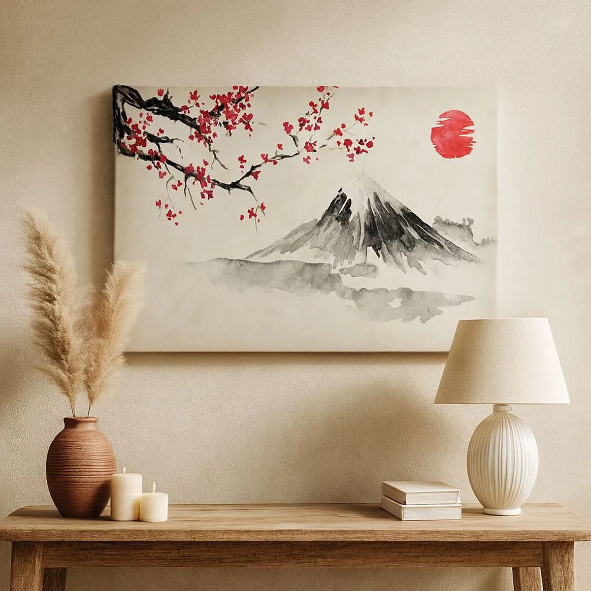 Cuadro sobre lienzo - Impresión de Imagen - Un paisaje pintoresco con una montaña, cerezos en flor y sol. - 70x50cm - Enamórate de Japón - Decoración de pared moderna para salón y dormitorio ARTTOR