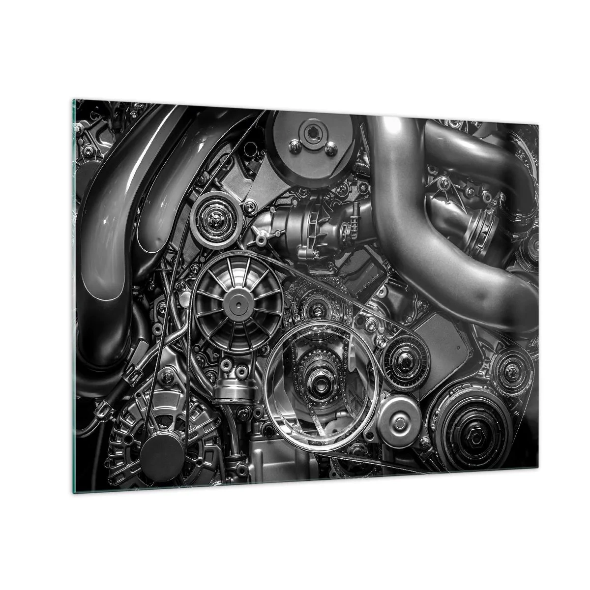Cuadro sobre vidrio - Impresiones sobre Vidrio - Detalle de un motor en blanco y negro con mecanismos visibles. - 70x50cm - La poesía de la mecánica - Decoración de pared moderna para salón y dormitorio ARTTOR