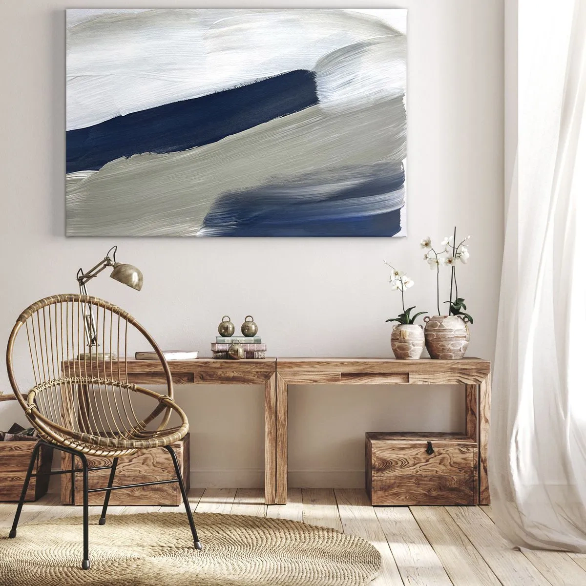 Cuadro sobre lienzo - Impresión de Imagen - Pinceladas abstractas en tonos azules y grises - 70x50cm - Encuentro con el blanco - Decoración de pared moderna para salón y dormitorio ARTTOR