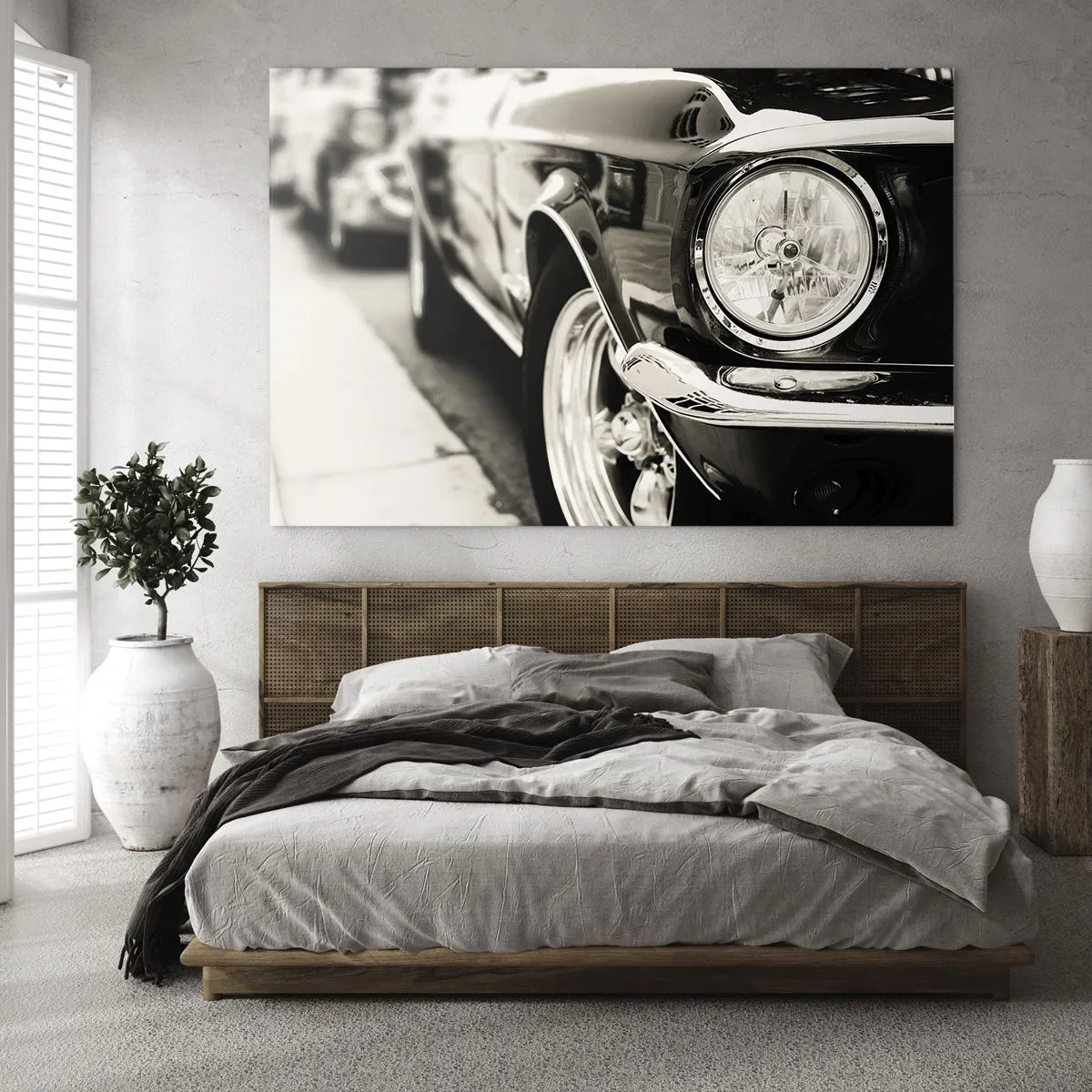 Cuadro sobre vidrio - Impresiones sobre Vidrio - Primer plano del frontal de un coche clásico en sepia. - 70x50cm - Brillo perdurable - Decoración de pared moderna para salón y dormitorio ARTTOR