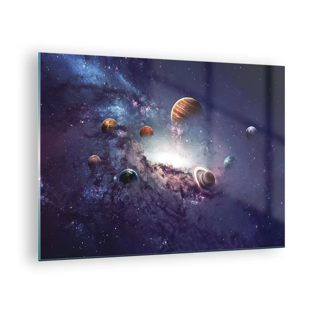 Cuadro sobre vidrio - Impresiones sobre Vidrio - Una visión fantasiosa de planetas girando en el espacio. - 70x50cm - La danza alrededor del Sol - Decoración de pared moderna para salón y dormitorio ARTTOR