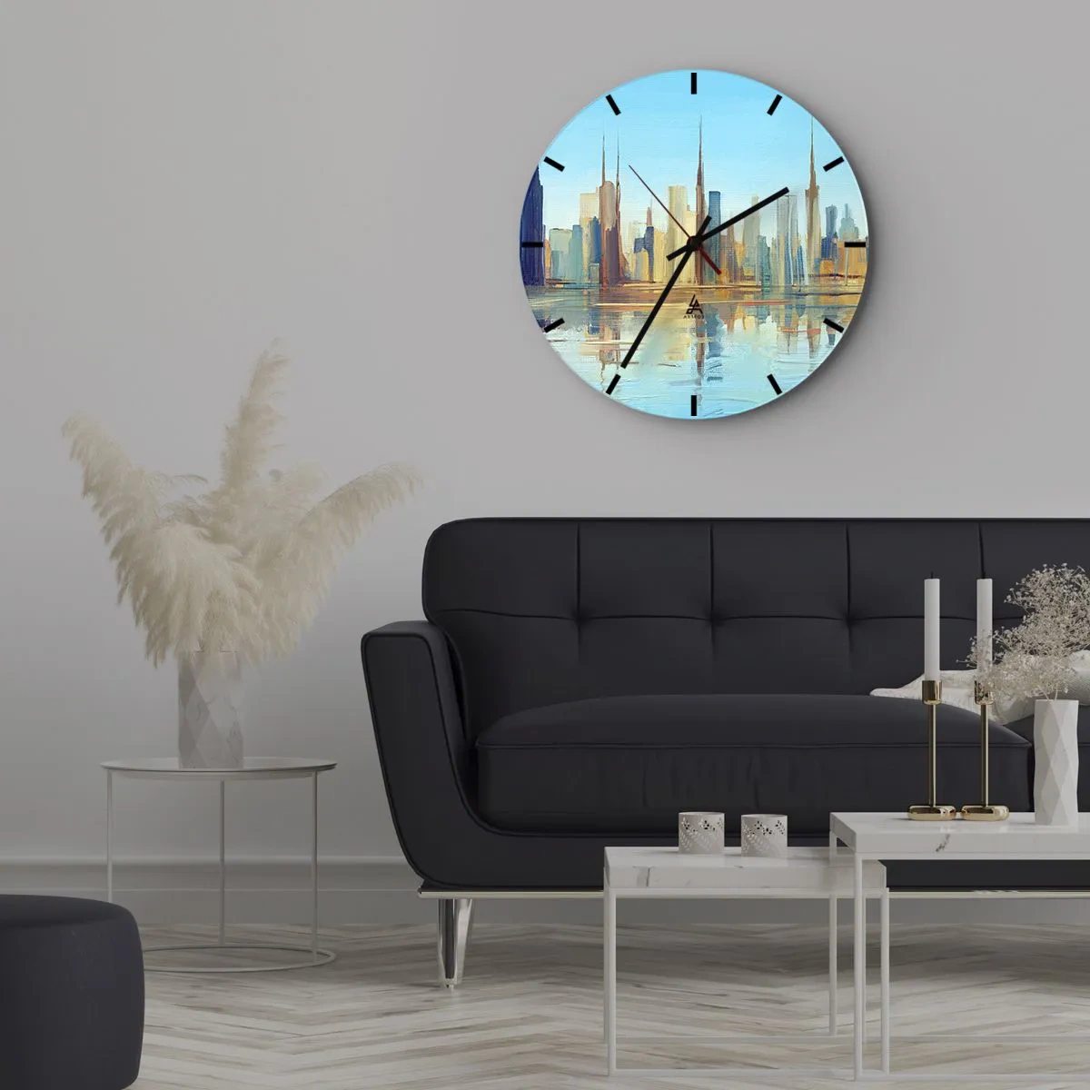 Reloj de pared - Reloj de vidrio - El panorama de la ciudad reflejado en el agua en tonos brillantes. - 30x30cm - Metrópolis soleada - Decoración de pared moderna para salón, cocina y dormitorio ARTTOR