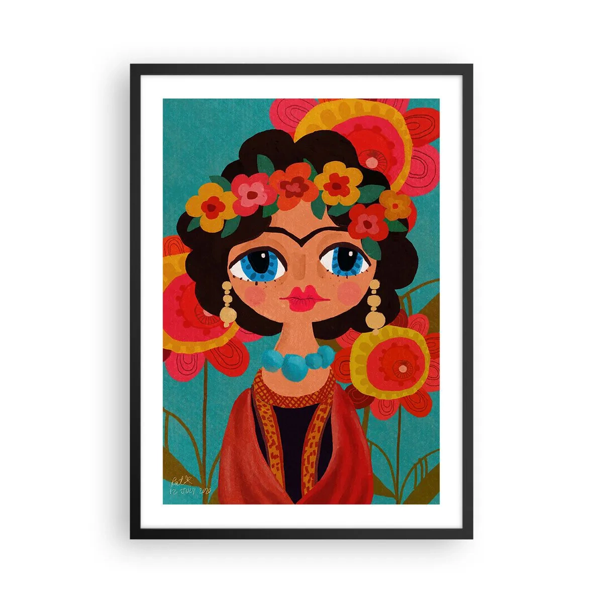 Póster en marco negro - Retrato colorido de una mujer en estilo popular y una corona de flores. - 50x70cm - La doncella amapola - Decoración de pared moderna para salón y dormitorio ARTTOR