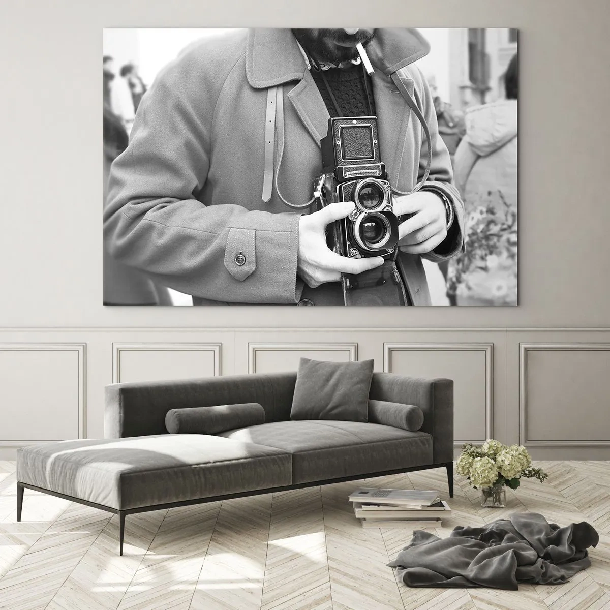 Cuadro sobre vidrio - Impresiones sobre Vidrio - Fotografía en blanco y negro de un hombre con una cámara analógica. - 70x50cm - En estilo retro - Decoración de pared moderna para salón y dormitorio ARTTOR
