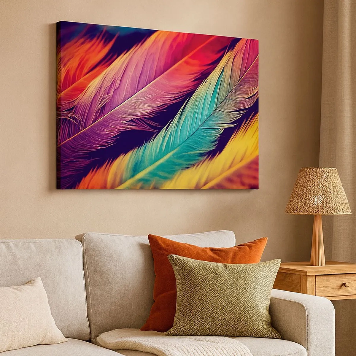 Cuadro sobre lienzo - Impresión de Imagen - Plumas de colores intensos - 70x50cm - Arco iris plumoso - Decoración de pared moderna para salón y dormitorio ARTTOR