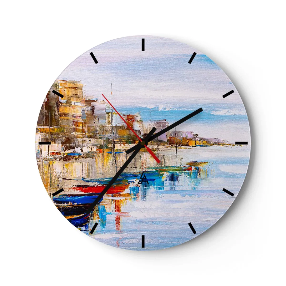 Reloj de pared - Reloj de vidrio - Un colorido remanso urbano de estilo impresionista - 30x30cm - Puerto urbano multicolor - Decoración de pared moderna para salón, cocina y dormitorio ARTTOR