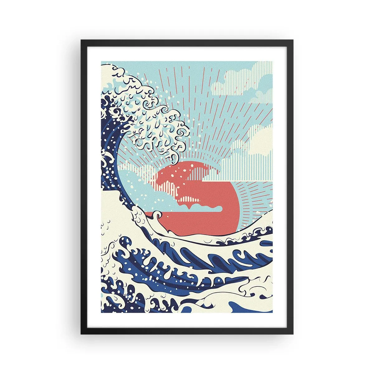 Póster en marco negro - Onda gráfica de inspiración japonesa con un sol rojo. - 50x70cm - De inspiración japonesa - Decoración de pared moderna para salón y dormitorio ARTTOR