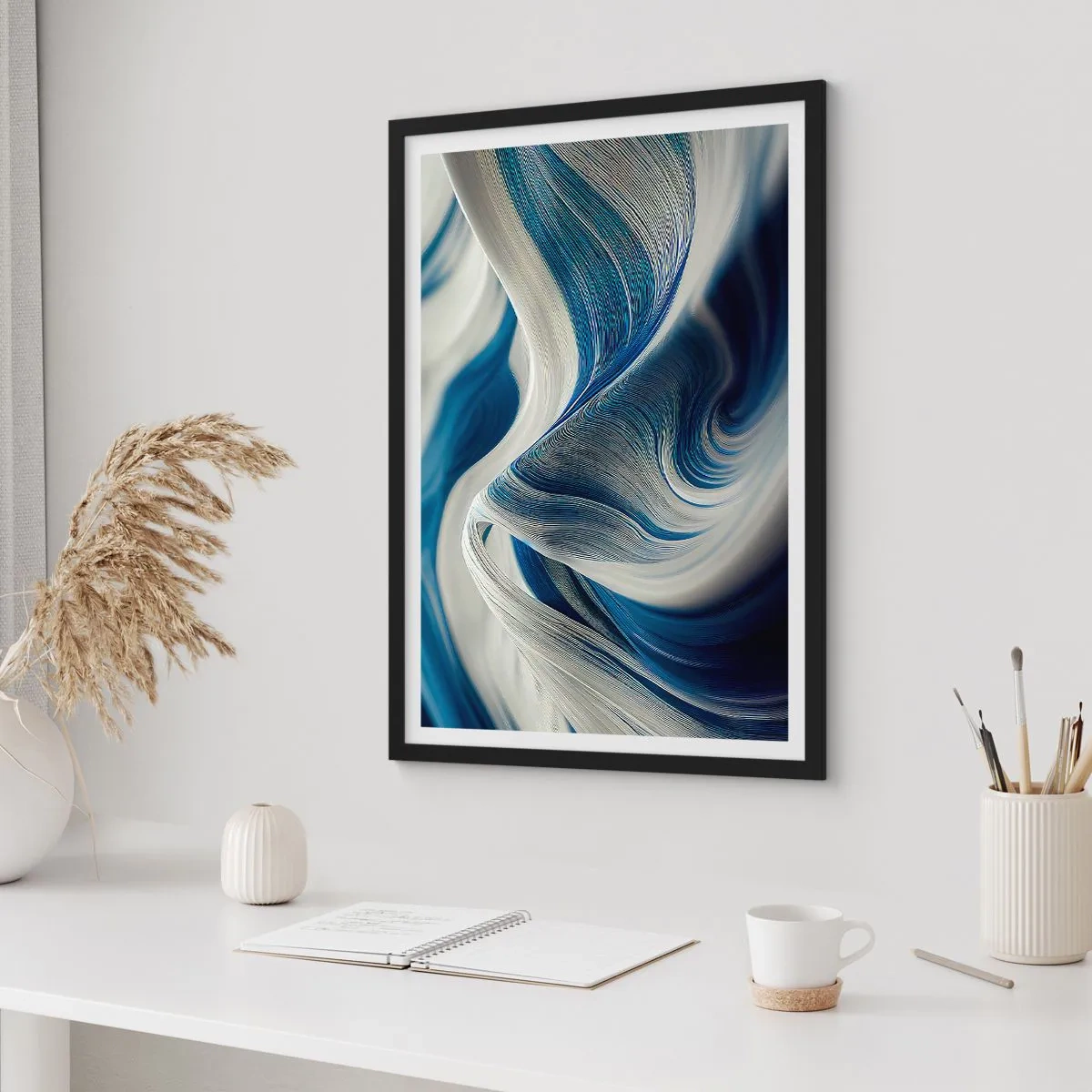 Póster en marco negro - Ondas abstractas en tonos azul marino y blanco. - 50x70cm - Fluidez de azul y blanco - Decoración de pared moderna para salón y dormitorio ARTTOR