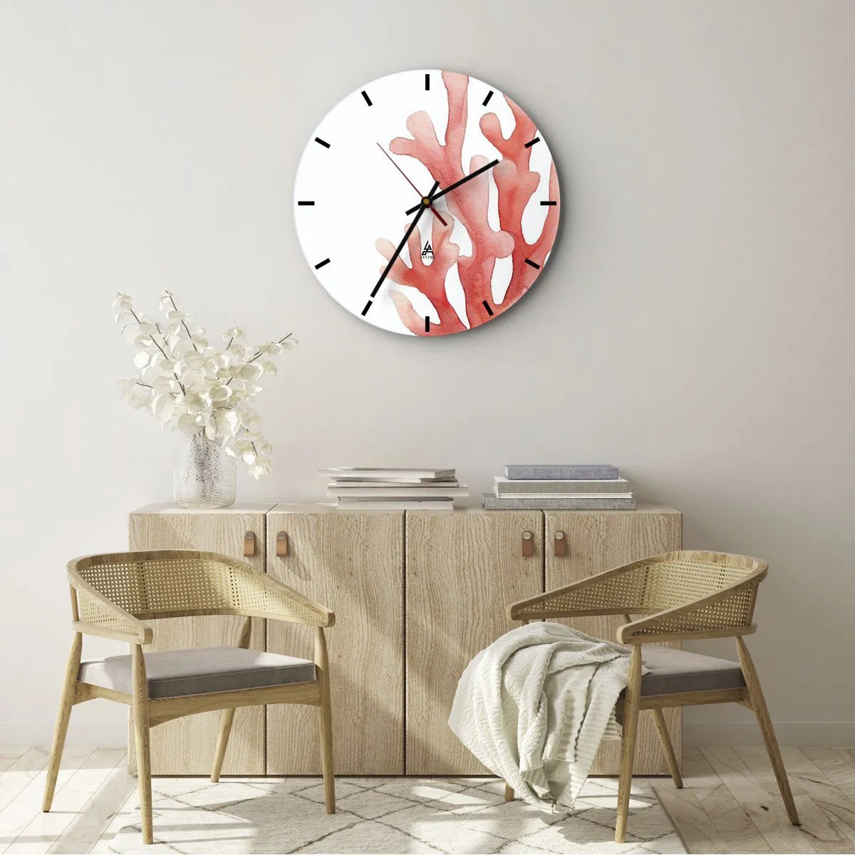 Reloj de pared - Reloj de vidrio - Coral rojo pintado en acuarela sobre fondo blanco. - 30x30cm - La hermosura del color coral - Decoración de pared moderna para salón, cocina y dormitorio ARTTOR