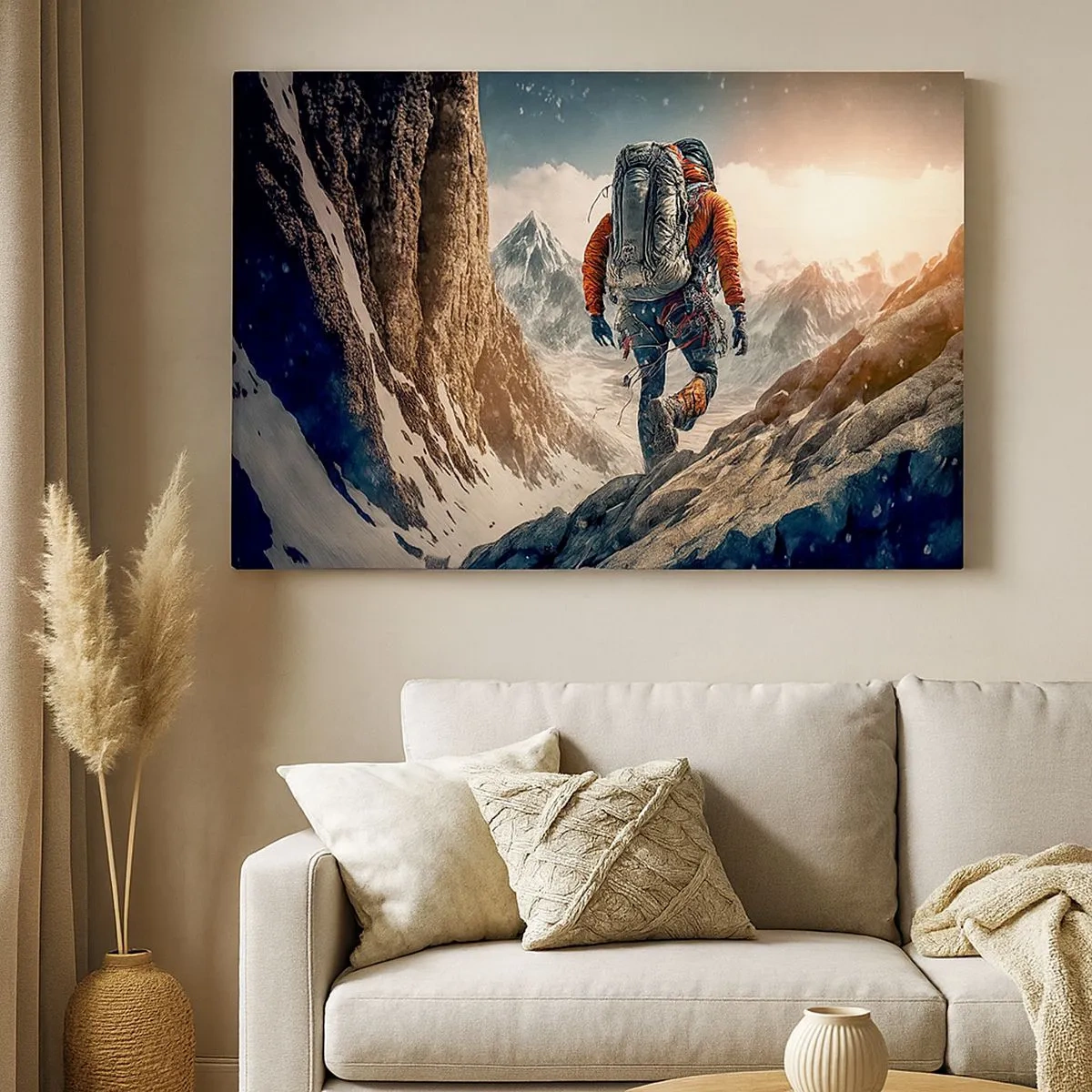 Cuadro sobre lienzo - Impresión de Imagen - Un escalador en un sendero de montaña en un paisaje invernal. - 70x50cm - Guerrero solitario - Decoración de pared moderna para salón y dormitorio ARTTOR