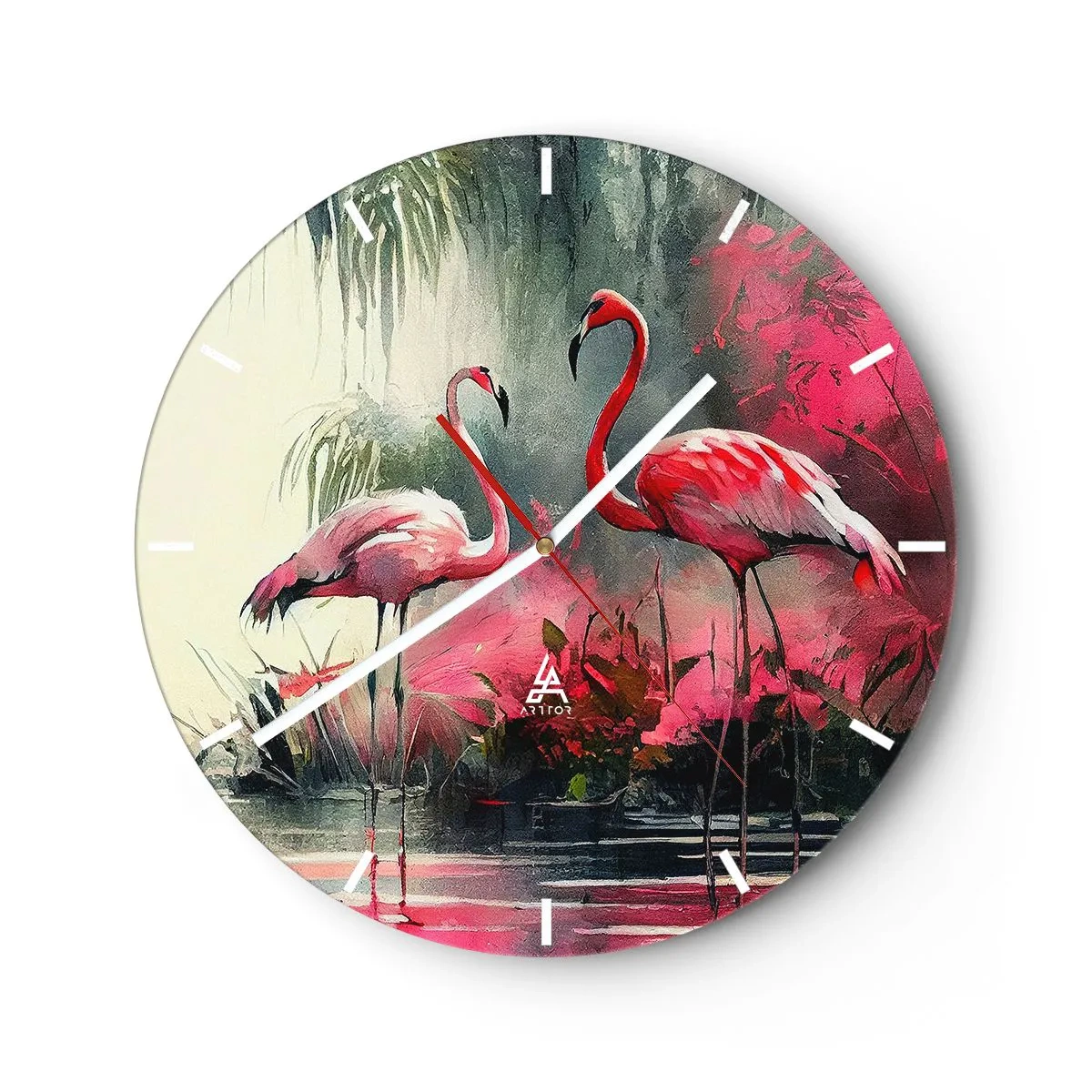 Reloj de pared - Reloj de vidrio - Dos flamencos en un entorno exótico y rosa. - 30x30cm - Una lección de encanto natural - Decoración de pared moderna para salón, cocina y dormitorio ARTTOR