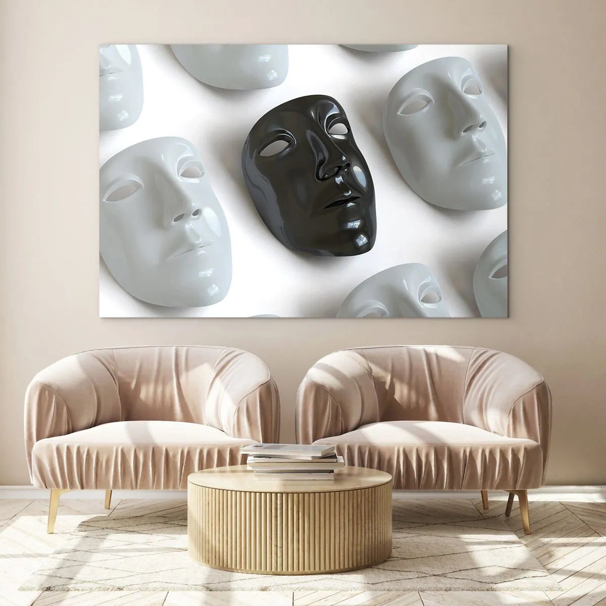Cuadro sobre vidrio - Impresiones sobre Vidrio - Una máscara en blanco y negro sobre un fondo de máscaras blancas sobre un fondo claro. - 70x50cm - ¿Cómo destacar? - Decoración de pared moderna para salón y dormitorio ARTTOR