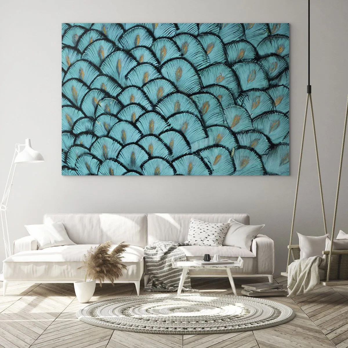 Cuadro sobre vidrio - Impresiones sobre Vidrio - Un primer plano de plumas de pavo real turquesa que forman un patrón decorativo. - 70x50cm - La gran gala de las plumas - Decoración de pared moderna para salón y dormitorio ARTTOR